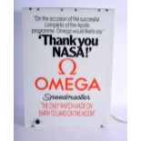 A VINTAGE OMEGA THANK YOU NASA SPEEDMASTER ILLUMINATED SHOP DEALER DISPLAY LIGHT BOX. 55 cm x 33 cm