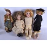 FOUR VINTAGE BISQUE HEADED DOLLS. Largest 55 cm long. (4)