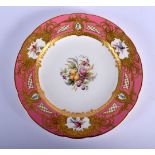 19TH C. MINTON FINE PLATE PAINTED WITH BIRDS AND FLOWERS IN IN HEAVILY GILDED PANELS ON A PINK BORD