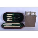 A CHARMING ANTIQUE IVORY GROOMING SET together with a shagreen lighter. Largest 18 cm x 9 cm. (2)