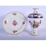 19TH C. BERLIN MOULDED PLATE PAINTED WITH FLOWERS AND A DRESDEN VASE Vase 20cm high, Plate 17cm dia