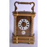 A FINE 19TH CENTURY QUARTER REPEATING BRASS CARRIAGE CLOCK with well formed foliate dial. 21 cm high