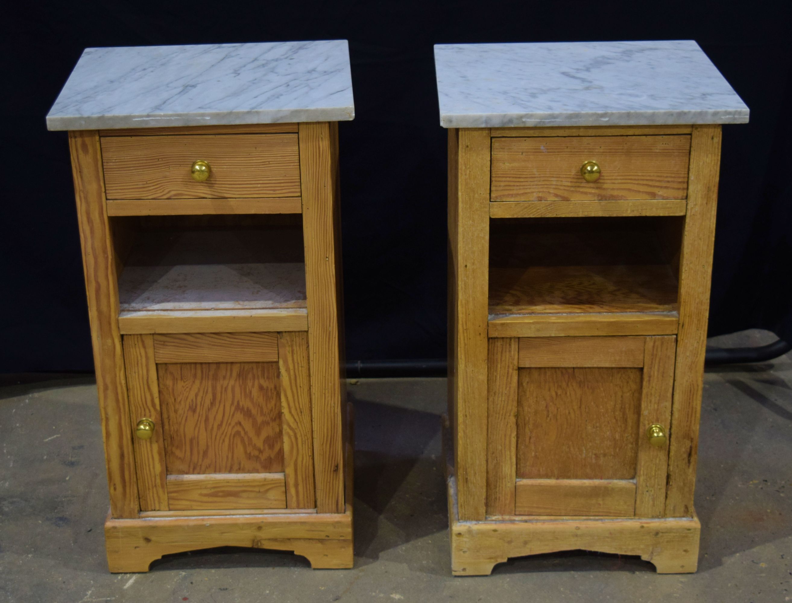 A pair of antique pine side tables with marble tops 75 x 38 42 (2)