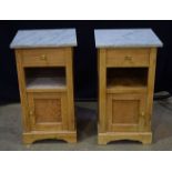 A pair of antique pine side tables with marble tops 75 x 38 42 (2)