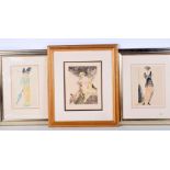 Two framed watercolours of a 1920's females together with a print of a nude female 28 x 22cm (3)