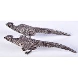 A PAIR OF WHITE METAL PHEASANTS. 11cm x 2.6cm, total weight 148g (2)