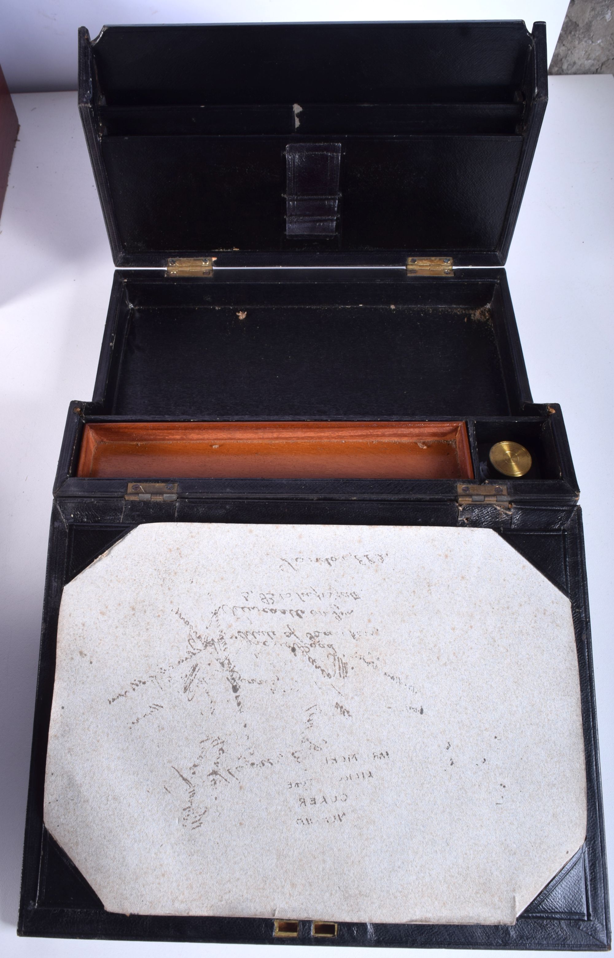 A Victorian Leather wring box together with a wooden stationary box and a wooden donations box large - Image 3 of 6