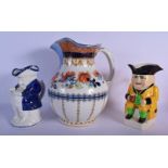 TWO ENGLISH CHARACTER TOBY JUGS and a jug. Largest toby 23 cm high. (3)