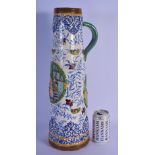 A RARE 18TH/19TH CENTURY EUROPEAN TIN GLAZED POTTERY JUG STEIN painted with figures in relief and an