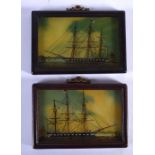 A PAIR OF VINTAGE REVERSE PAINTED CLIPPER PAINTINGS. 15 cm x 10 cm.