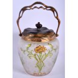 AN ART NOUVEAU ENAMELLED FROSTY GLASS BISCUIT BARREL AND COVER possibly by Legras, with embossed mou