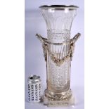 A LARGE ANTIQUE RUSSIAN TWIN HANDLED SILVER AND CRYSTAL GLASS VASE. 4748 grams overall. 43 cm x 19 c