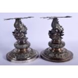 A PAIR OF 19TH CENTURY CHINESE EXPORT SILVER PEDESTAL STANDS by Wang Hing. 621 grams. 14 cm x 11.5 c