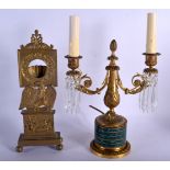 A 19TH CENTURY FRENCH MALACHITE AND ORMOLU CANDLESTICK together with a brass Eagle watch holder. Lar