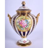 ROYAL CROWN DERBY TWO HANDLED VASE AND COVER WITH REGENCY STRIPE GROUND PAINTED WITH FLOWERS BY GEOR