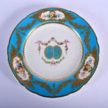 LATE 19TH C. MINTON PLATE WITH TURQUOISE BORDER HAVING THREE PANELS OF FLOWERS AND ELABORATE GILDING