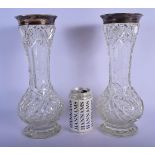 A LARGE PAIR OF ENGLISH SILVER MOUNTED CUT GLASS VASES. 31 cm high.