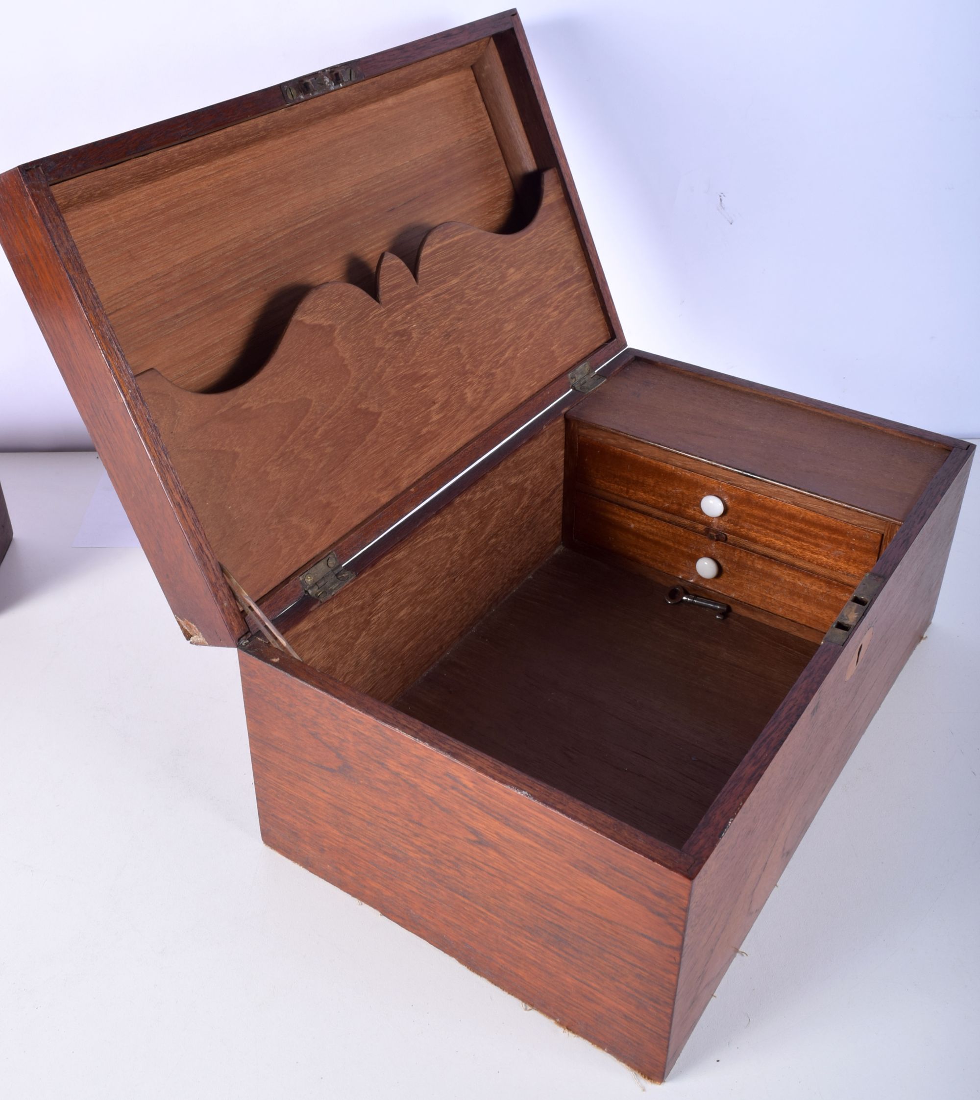 A Victorian Leather wring box together with a wooden stationary box and a wooden donations box large - Image 4 of 6