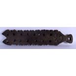 AN UNUSUAL TRIBAL CARVED WOOD HANGING BOARD possibly a mancala board. 70 cm x 14 cm.