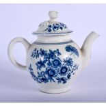 18TH C. ENGLISH PORCELAIN RARE MINIATURE TEAPOT AND COVER DECORATED IN UNDERGLAZE BUE WITH A VERSION