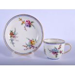 18TH C. SEVRES GOOD COFFEEE CUP AND SAUCER BOLDLLEY PAINTED WITH FLOWERS UNDER A BLUE LINE DENTIL GI