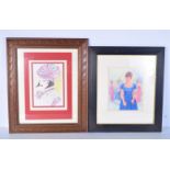 A framed coloured charcoal drawing of a female together with a framed watercolour of a female. 26 x