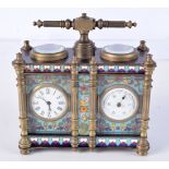 A BRASS AND CLOISONNE CARRIAGE CLOCK WITH BAROMETER. 12.4cm high (incl handle) x 12.5cm x 5.4cm