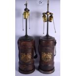 A PAIR OF VINTAGE ARMORIAL CRESTED CARTRIDGE CARRIERS. 60 cm high.