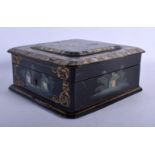 A 19TH CENTURY EUROPEAN PAPER MACHE AND LACQUER BOX AND COVER decorated with landscapes. 18 cm squar
