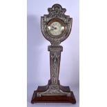 AN ANTIQUE ENGLISH SILVER OVERLAID NEO CLASSICAL MANTEL CLOCK decorated with flowers. 40 cm high.