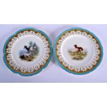 LATE 19TH C. MINTON PAIR OF PLATES PAINTED WITH SHEEP OR GOATS BY HENRY MITCHELL, UNDER A TURQUOISE