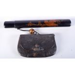 A 19TH CENTURY JAPANESE LACQUERED BAMBOO PIPECASE (TIGER) & TOBACCO POUCH . 23.5cm x 3.3cm x 2cm, w