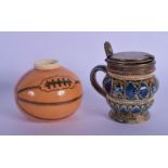 A RARE ANTIQUE MACINTYRE SPORTS BALL INKWELL together with a Doulton Lambeth cruet. Largest 6.5 cm w
