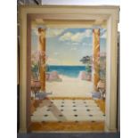 A HUGE ART DECO FRENCH PAINTED WOOD PANEL depicting a coastal landscape. 235 cm x 185 cm.