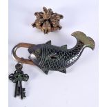 A South East Asian metal Fish lock together with a Hindu Tika box 18cm (2)
