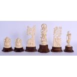 SIX 19TH CENTURY ANGLO INDIAN CARVED IVORY FIGURES. Largest 14 cm x 5 cm. (6)