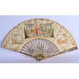 A FINE LATE 18TH CENTURY EUROPEAN GRAND TOUR TYPE FAN with paper leaf supports and silvered sticks.