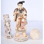 TWO EARLY 20TH CENTURY CHINESE BONE FIGURES OF IMMORTALS and a bone ball. Largest 20 cm high. (3)