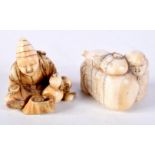 A LATE 18TH CENTURY JAPANESE EDO PERIOD CARVED IVORY NETSUKE together with a 19th century netsuke. L