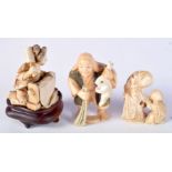 THREE 19TH CENTURY JAPANESE MEIJI PERIOD CARVED IVORY NETSUKES in various forms. 4.5 cm x 2.5 cm. (3