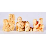 THREE 19TH CENTURY JAPANESE MEIJI PERIOD CARVED IVORY NETSUKES in various forms. 4.5 cm x 3 cm. (3)