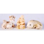 THREE 19TH CENTURY JAPANESE MEIJI PERIOD CARVED IVORY NETSUKES in various forms. 4 cm x 4 cm. (3)