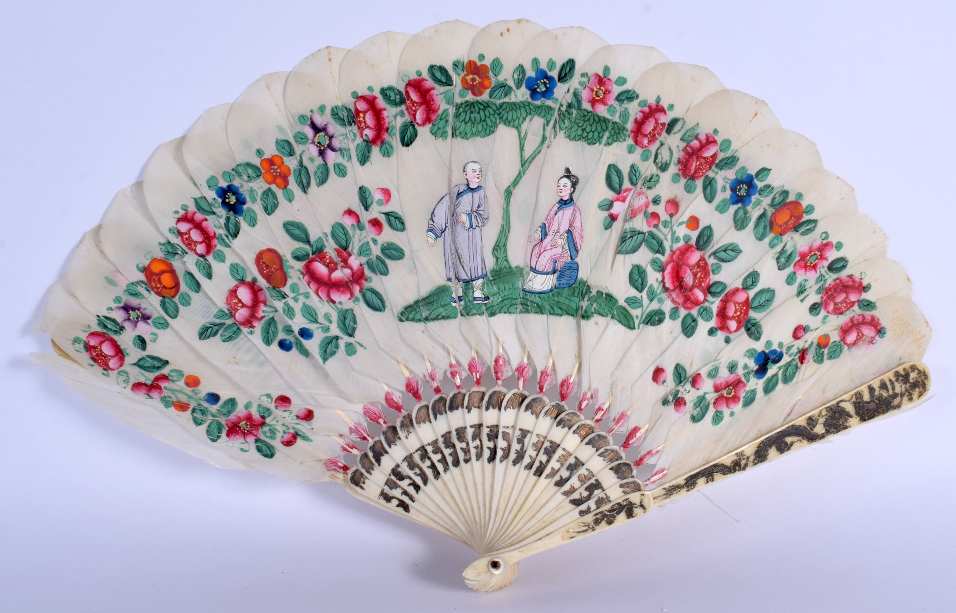 A MID 19TH CENTURY CHINESE CARVED IVORY GOOSE FEATHER FAN C1850. 36 cm wide extended.