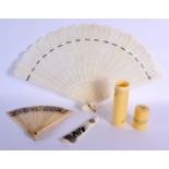 A LARGE 19TH CENTURY CONTINENTAL IVORY FAN together with a scrimshaw, cylinder case etc. Largest 42