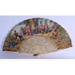 A FINE LATE 18TH CENTURY EUROPEAN PAINTED FAN with carved and gilded sticks, decorated with classica