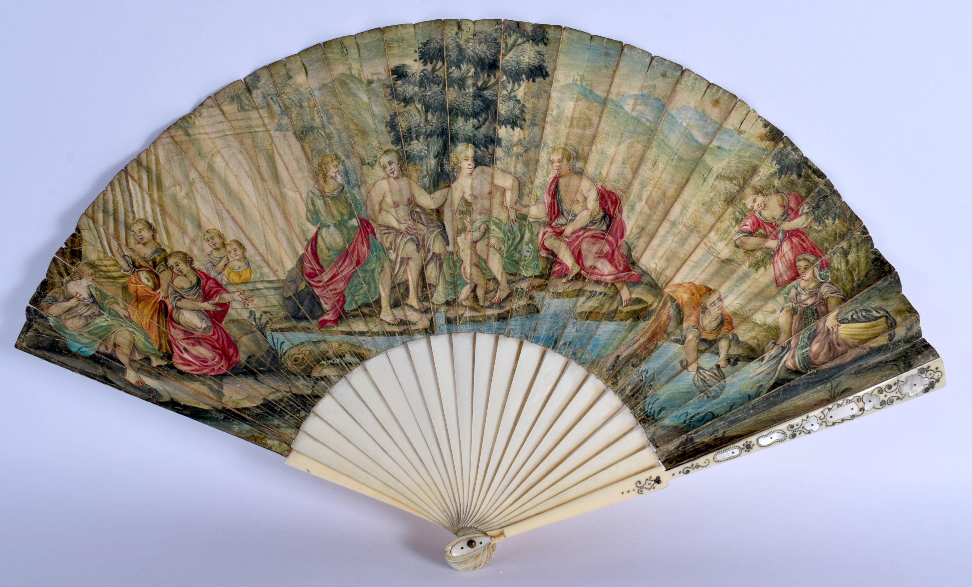 A FINE LATE 18TH CENTURY EUROPEAN PAINTED PIQUE WORK FAN decorated with classical scenes. 48 cm wide