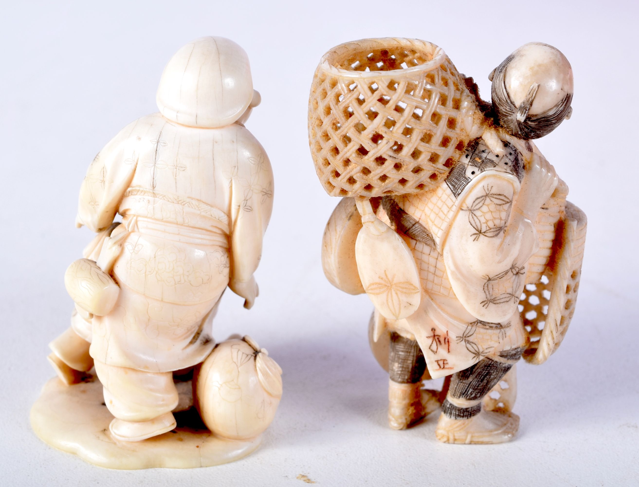 TWO 19TH CENTURY JAPANESE MEIJI PERIOD CARVED IVORY OKIMONO one modelled as a basket seller. Largest - Image 3 of 5