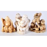 THREE 19TH CENTURY JAPANESE MEIJI PERIOD CARVED IVORY NETSUKES in various forms. 5 cm x 3 cm. (3)