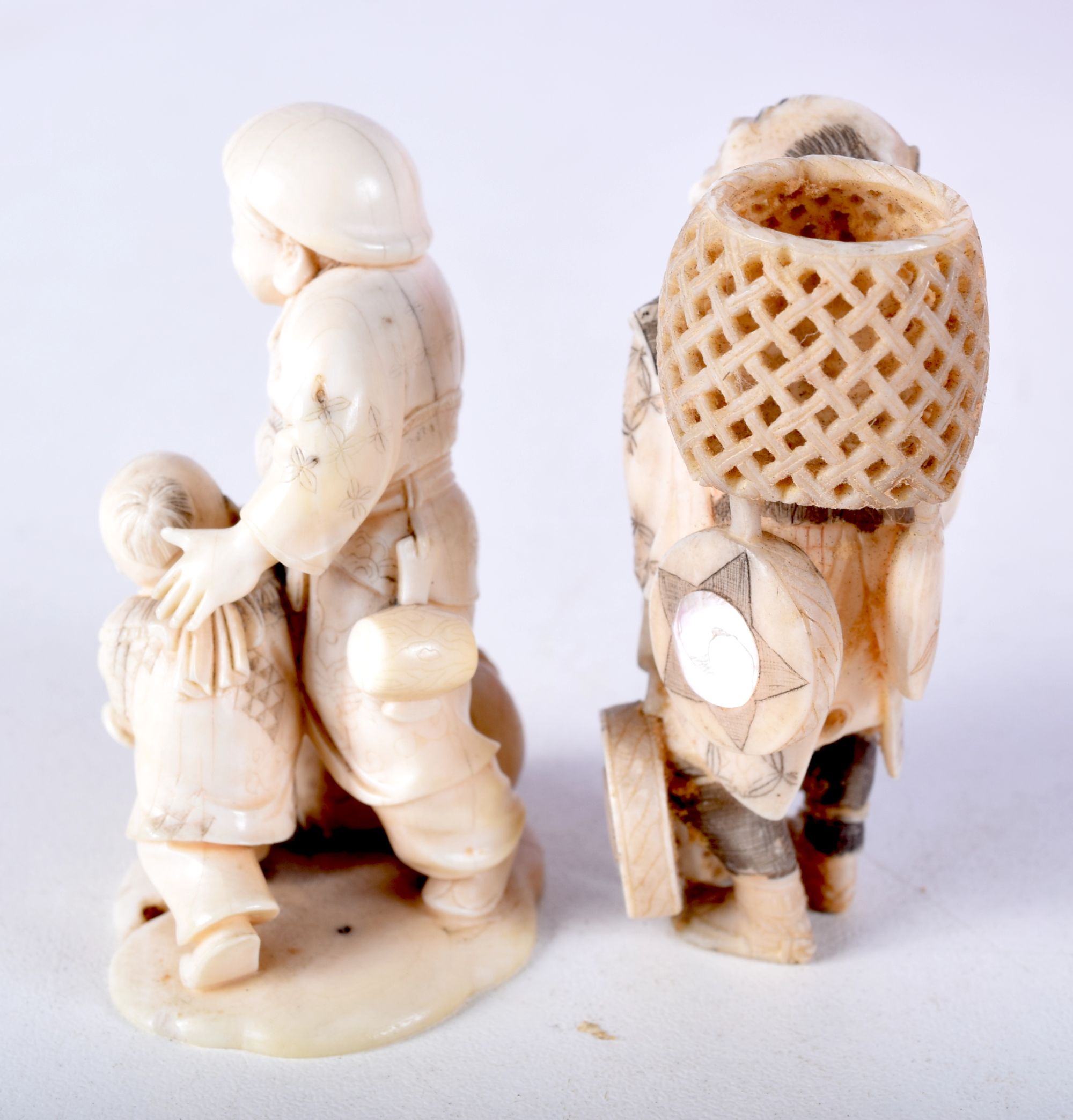 TWO 19TH CENTURY JAPANESE MEIJI PERIOD CARVED IVORY OKIMONO one modelled as a basket seller. Largest - Image 2 of 5