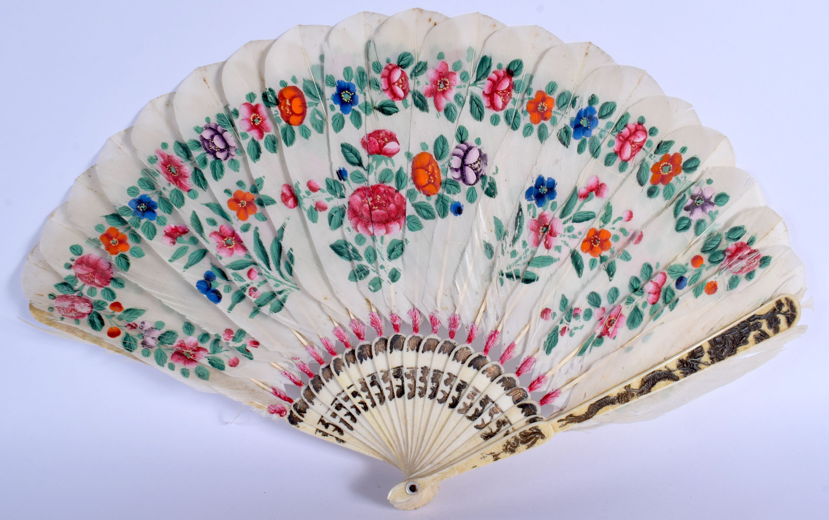 A MID 19TH CENTURY CHINESE CARVED IVORY GOOSE FEATHER FAN C1850. 36 cm wide extended. - Image 6 of 6